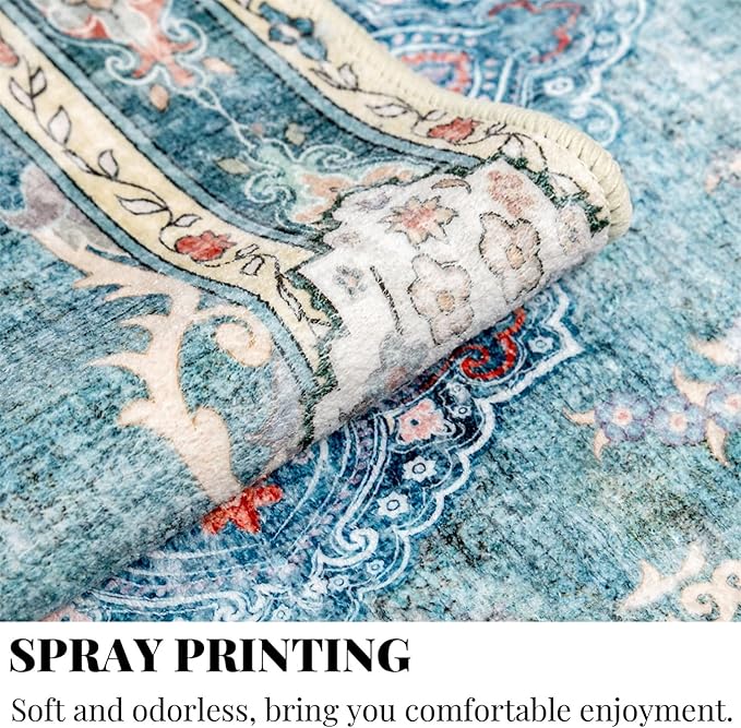 MUJOO Boho Rug 3'x5' Machine Washable Teal Small Area Rugs for Entryway Bedroom Bedside Kitchen Hallway Living Room Laundry Room Indoor Mat Soft Low-Pile Blue Floral Non Slip