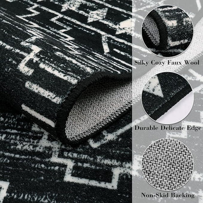 Wonnitar Washable Kitchen Runner Rug 2x6, Moroccan Black Runners for Hallway, Non Slip Bohemian Soft Bathroom Throw Mat Geometric Carpet Runner for Laundry Entryway Bedroom (Black,2'x6')