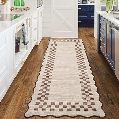 GarveeHome Hallway Runner Rug 2x6 Non Slip Scalloped Washable Rug for Kitchen Entry Stain Resistant Modern Border Throw Floor Carpet Long Runner Mat for Bathroom Living Room Bedside, Beige