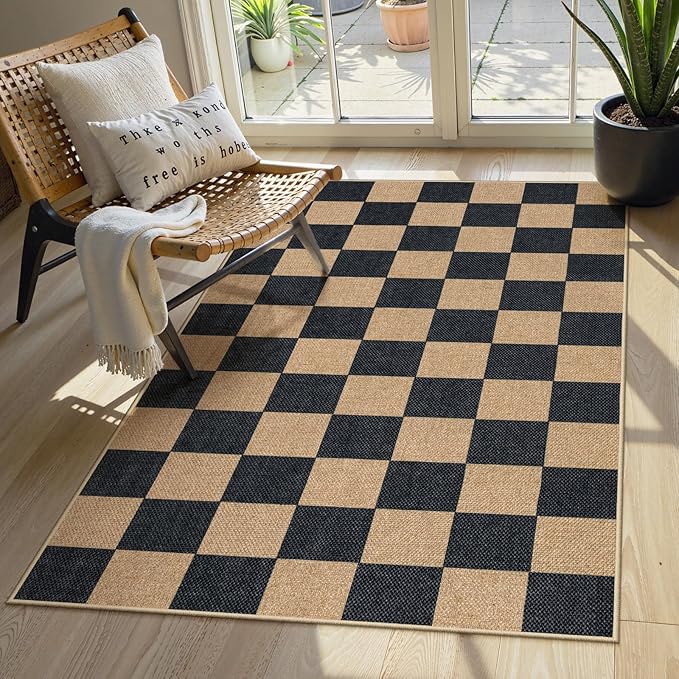Lahome Checkered Easy Jute Carpet, 3x5 Outdoor Patio Rug Washable Rugs for Entryway Checkerboard Indoor Outdoor Living Room Classroom Carpet, Farmhouse Neutral Non Slip Black Door Mat for Bedroom