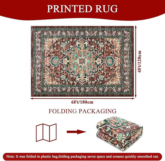 U'Artlines Boho Vintage Area Rug 4x6 ft Machine Washable Low Pile Soft Floor Carpet Non Slip Non Shedding Accent Rug for Living Room Bedroom Entryway Dining Room Office Rust＆Teal