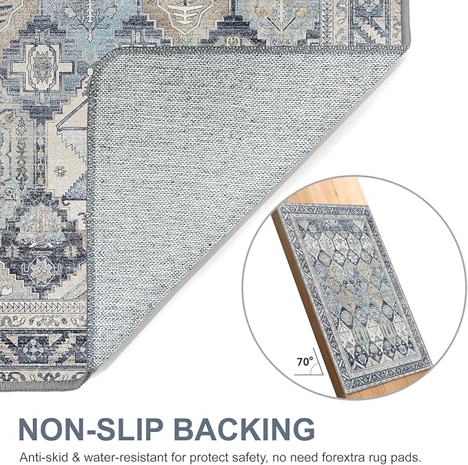 Bavni Runner Rug 2x10 Machine Washable Vintage Distressed Print Ultra-Thin Chenille Hallway Bedroom Kitchen Entrance Accent Rug, Low Pile Lightweight Non Slip with Gripper, Brown & Blue