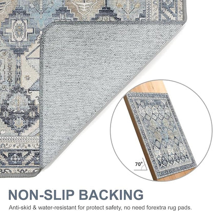 Bavni Kitchen Rug 2x5 Runner Rugs for Hallways Entryway, Washable Vintage Print Carpet, Ultra-Thin Chenille Low Pile Lightweight Rug with Non Slip Backing, Blue