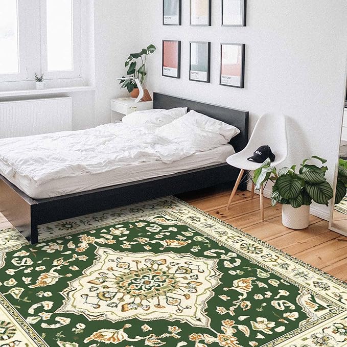 Green Bohemian Rectangular Area Rugs for Living Room Bedroom 5 x 6.9 ft Vintage Farmhouse Floral Pattern Non-Shedding Soft Low Pile Rug Non Slip Washable Rug for Nursery Entryway Playroom