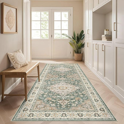 Runner Rug Kitchen Washable Rugs: 3x8 Non-Slip Abstract Soft Modern Stain Resistant Indoor Floor Neutral Accent Throw Carpet for Hallway Bathroom Laundry Room Entryway Bedroom- Green