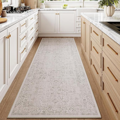 Gray Runner Rug 3x10 Hallway Machine Washable Kitchen Vintage Distressed Non Slip Long Carpet Indoor Grey Retro Floral Bedroom Accent Throw Rug for Bathroom Office Laundry Dining Living Room