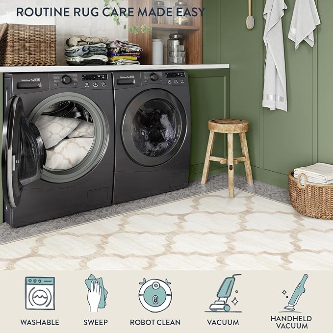 Lahome Moroccan Living Room Carpet - 4x6 Area Rug Washable Non-Slip Soft Rugs for Bedroom Ultra-Thin Throw Rug for Office, Modern Print Indoor Carpet Rug for Laundry Room Nursery (Beige, 4'x6')