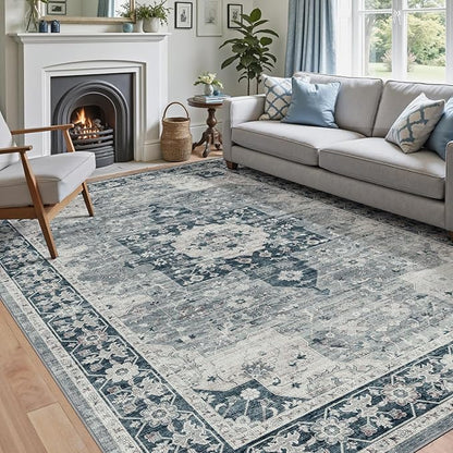 DEXI 9x12 Area Rug for Living Room, Washable Vintage Farmhouse Thin Rug Indoor Floor, Non Slip Stain Resistant Low Pile Carpet for Dining Room Bedroom Office, Blue Grey