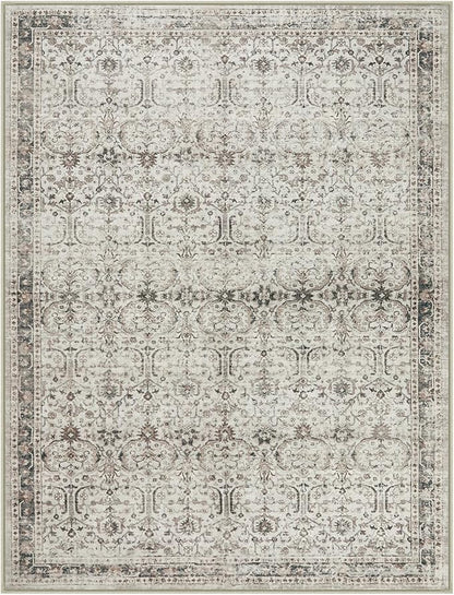 Moynesa Grey Rugs for Living Room 8x10, Vintage Washable Area Rug for Bedroom Dining Room Office, Low Pile Soft Non-Slip Retro Neutral Carpets for Kitchen Indoor Nursery