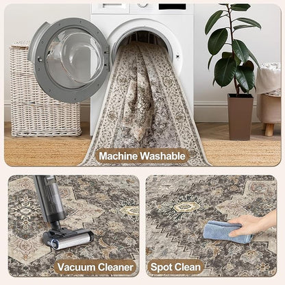 Tangsoo 2x5 Washable Runner Rug for Hallways, Non Slip Vintage, Soft Low Pile Long Runner, Print Distressed Grey Runners for Kitchen Bedroom Entryway Bathroom Living Room