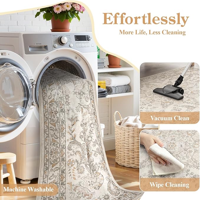 Wonnitar Vintage 5x7 Washable Rug, Neutral Rugs for Living Room Decor, Beige Non Slip Ultra-Thin Soft Boho Floral Room Carpet for Bedroom Nursery Dining Room Farmhouse Office Home Décor