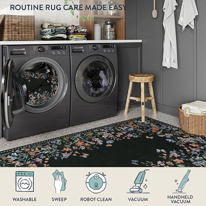 Lahome Boho Floral 2x6 Black Bathroom Runner Rugs Non Skid Washable, Rug Runners for Hallways Non Slip Kitchen Carpet Runner, Soft Runners for Entryway Laundry Bedroom(2x6ft,Black)