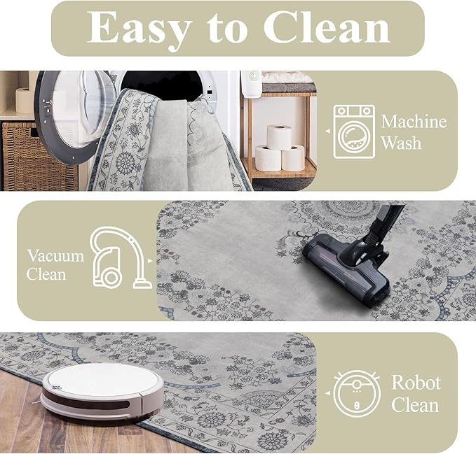 9x12 Area Rug Living Room Rugs, Stain Resistant Washable Rug, Vintage Large Non-Slip Backing, Low Pile Lightweight Print Rug for Bedroom Dinning Room Home Office (Grey/Blue)