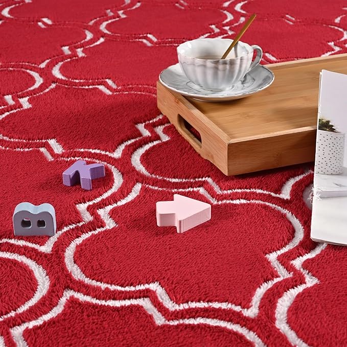 Amearea Fluffy Indoor Trellis Rug, Soft Moroccan Home Rugs for Bedroom, Shag Modern Area Rug for Living Room Kids Room Nursery, Easy Clean, Home Decor Low Pile Carpet, Wine Red 4x6 Feet