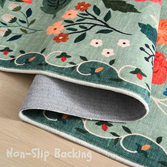 Rugcomf Area Rugs 9x12 Living Room Clearance Washable Boho Rug Non Slip Floral Vintage Low Pile Large Rug for Living Room, Bedroom, Farmhouse, Dining Room, Kids Playroom(Green)