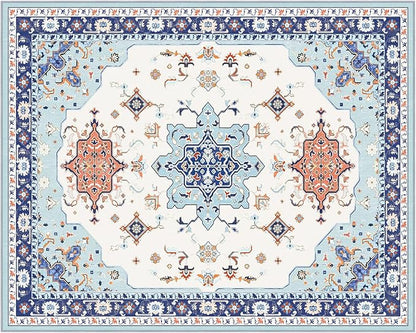 Phantoscope Washable Area Rug 8'x10' Non-Slip, Vintage Boho Rugs for Living Room, Bedroom, Dining Room, Medallion Persian Symmetrical Pattern, Low-Pile Foldable Floor Carpet, Ivory Blue/Orange