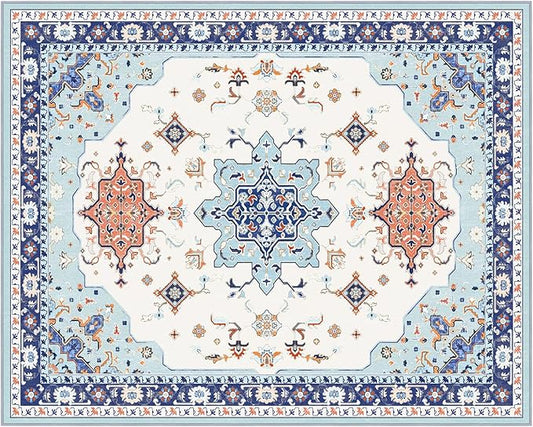 Phantoscope Washable Area Rug 8'x10' Non-Slip, Vintage Boho Rugs for Living Room, Bedroom, Dining Room, Medallion Persian Symmetrical Pattern, Low-Pile Foldable Floor Carpet, Ivory Blue/Orange