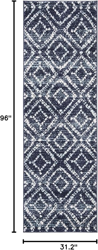 SAFAVIEH Adirondack Collection Runner Rug - 2'6" x 8', Navy & Ivory, Modern Diamond Distressed Design, Non-Shedding & Easy Care, Ideal for High Traffic Areas in Living Room, Bedroom (ADR131N)