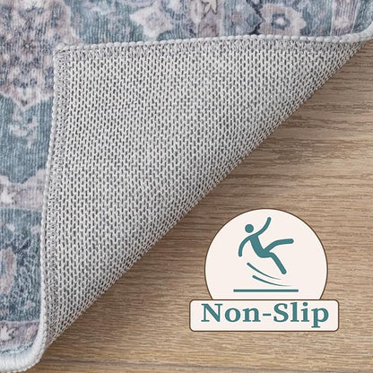 SERISSA Boho 8x10 Area Rugs Blue Grey, Washable Vintage Floral Large Living Room Rug Non-Slip, Ultra Soft Oriental Print Distressed Farmhouse Carpet for Dining Room Bedroom Dorm Office Home Decor