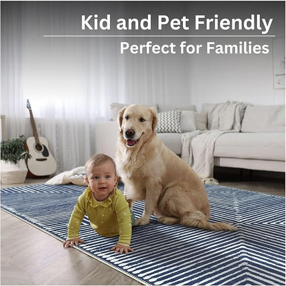 Bloom Rugs Washable Non-Slip 9' x 12' Rug - Blue Striped Area Rug for Living Room, Bedroom, Dining Room, and Kitchen - Exact Size: 9' x 12'