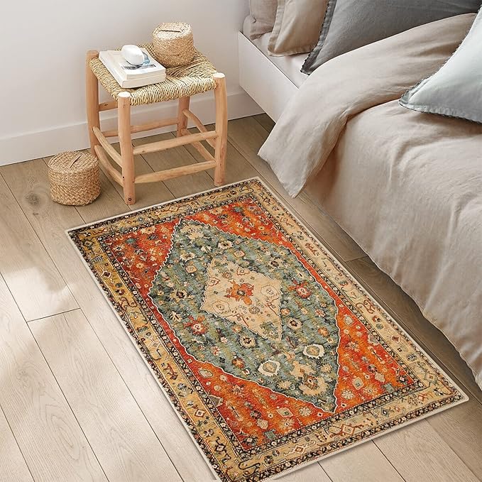 COMSLE Boho Area Rug, 2 x 3 Ft Washable Rugs for Entryway Faux Wool Small Rugs Distressed Throw Rug Non-Slip Floor Carpet for Indoor Bedroom Kitchen Living Room