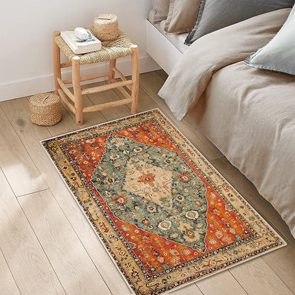 COMSLE Boho Area Rug, 2 x 3 Ft Washable Rugs for Entryway Faux Wool Small Rugs Distressed Throw Rug Non-Slip Floor Carpet for Indoor Bedroom Kitchen Living Room