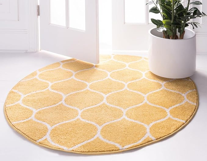Rugs.com Lattice Frieze Collection Rug – 8' Round Yellow Medium Rug Perfect for Kitchens, Dining Rooms
