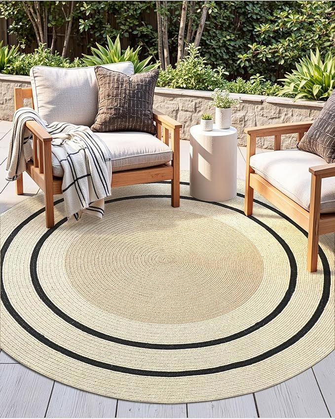 DEXI Round Jute Rug Natural Fiber 4x4, Braided Woven Area Rugs No Shed, Soft Neutral Rustic Carpet Mat for Indoor Outdoor Patio Dining Living Room Bedroom Farmhouse, 4ft, Ivory/Black