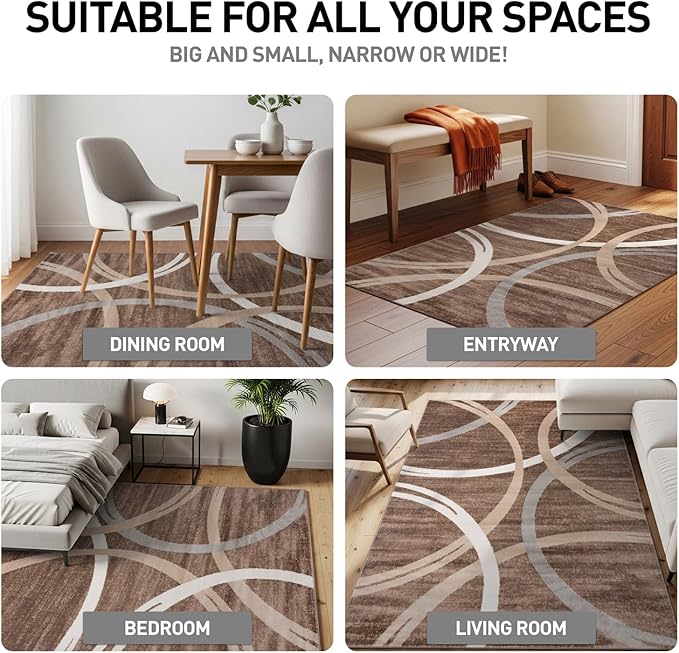 Rugshop Modern Wavy Circles Design Area Rug, Fade-Resistant Carpet for Bedroom, Office, or Small Spaces, Brown, 3'3" x 5'