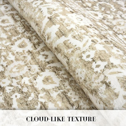 Runner Rug 2.6x10, Beige Tan White Washable Long Hallway Rug Runner Non-Slip Soft Kitchen Runner Thin Printed Faux Wool Super Soft Carpet for Entryway Bedroom Laundry Room Indoor Home Decor