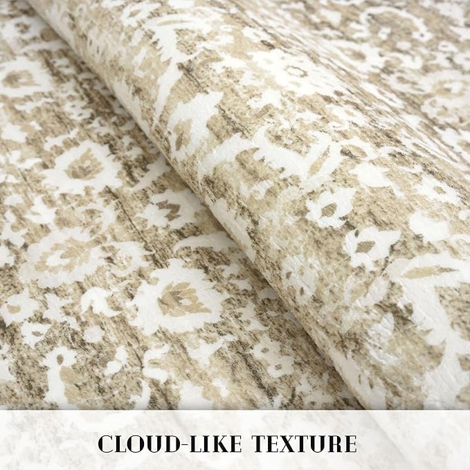 Vintage Entryway Rug 2x3 Washable, Beige Tan White Kitchen Rug, Super Soft Thin 100% Polyester Small Area Rug, Non-Slip Accent Mat for Foyer, Bedroom, Office