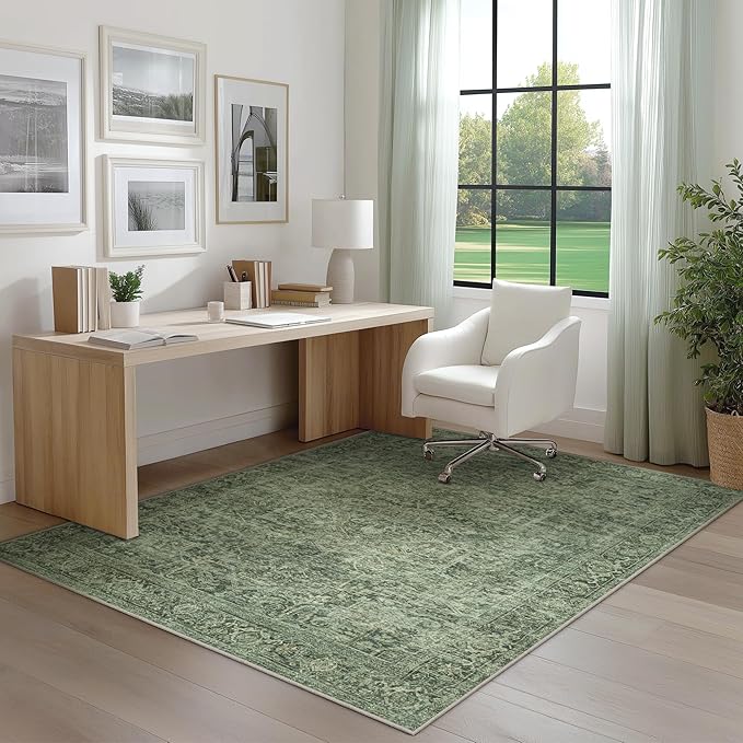 FMFUNCTEX 4x6 Washable Area Rug Green Neutral Vintage Distressed Oriental Non Slip Low Pile Traditional Entryway Indoor Carpet for Living Room Bedroom Soft Retro Throw Rug for Dining Office Entrance