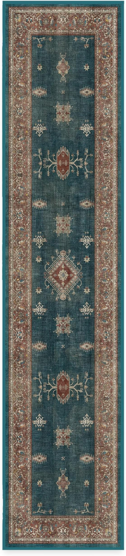 RUGGABLE Washable Vintage Runner Rug – Verena Teal Blue 2.5x12, Stain-Resistant, Non-Slip Hallway Runner – Machine Washable Rug for Hallway, Entryway, Living Room & Kitchen–with Standard Pad