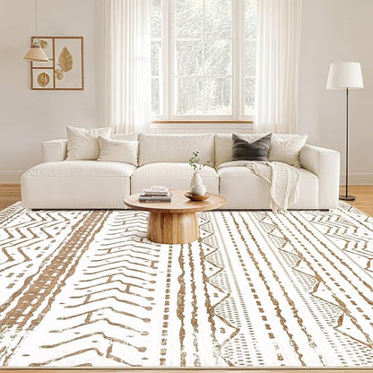 Nakagishi Area Rug Living Room Rugs: 5x7 Machine Washable Boho Large Neutral Farmhouse Stain Resistant Moroccan Indoor Carpet for Bedroom Nursery Dorm Classroom Playroom Dining Room House-Brown White