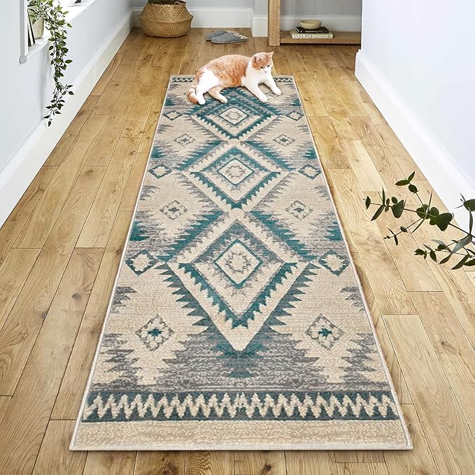YHSF South West Native American Rug Ritz – Native Tribal American Indian Inspired Rug - Living Room, Bedroom, Hallway, Entryway & High-Traffic Area Rugs - Washable - Soft - Aqua, 2 Feet x 7 Feet