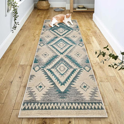 YHSF South West Native American Rug Ritz – Native Tribal American Indian Inspired Rug - Living Room, Bedroom, Hallway, Entryway & High-Traffic Area Rugs - Washable - Soft - Aqua, 2 Feet x 7 Feet