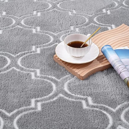 Amearea Fluffy Indoor Area Rug, Soft Trellis Moroccan Rugs for Bedroom, Shag Modern Area Rug for Living Room Kids Room Nursery, Easy Clean, Home Decor Low Pile Carpet, Light Gray 5x7 Feet