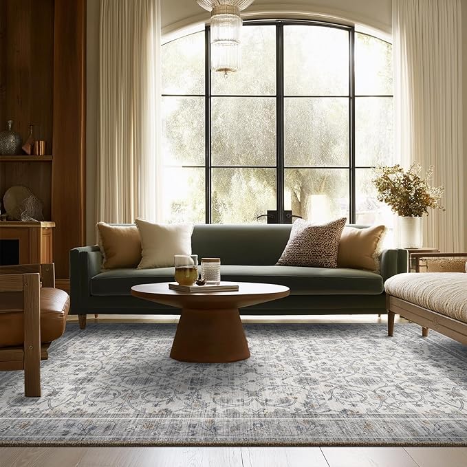 6x9 Washable Rug Vintage Fade Resistant Boho Distressed Non-Slip Indoor Large Carpet Low Pile Lightweight & High-Traffic Safe for Bedroom, Dorm, Playroom - Farmhouse Decor