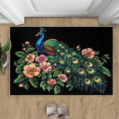 Peacock Peony Rugs for Bedroom - 2x3 Rug, Classic Peacock Peony Area Rugs for Living Room, Teal Turquoise Carpet, Floral Plant Washable Area Mat, Aesthetics Carpet - Peafowl Home Decor & Gifts