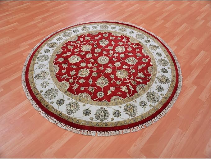 Exotic Red Hand Knotted All Over Leaf Pattern Wool and Silk Rajasthan Design Round Rug (6'x6')