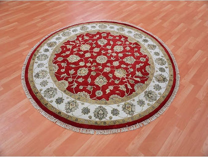 Exotic Red Hand Knotted All Over Leaf Pattern Wool and Silk Rajasthan Design Round Rug (6'x6')