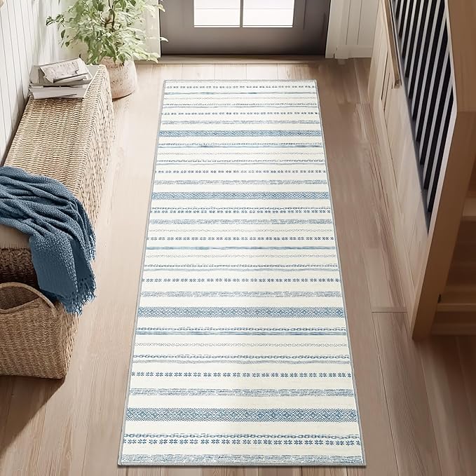 jinchan Moroccan Boho Runner Rug 2x6 - Machine Washable Non-Slip Low-Pile Soft Bohemian Runner Rug for Entryway Hallway Kitchen Bedroom Laundry Room (2‘x6', Blue)