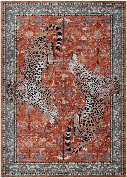 Moynesa Leopard 5x7 Area Rug, Boho Washable Living Room Rug, Non Slip Rugs for Bedroom, Ultra Thin Vintage Soft Stain Resistant Throw Floor Carpet for Office Dining Room, Rust