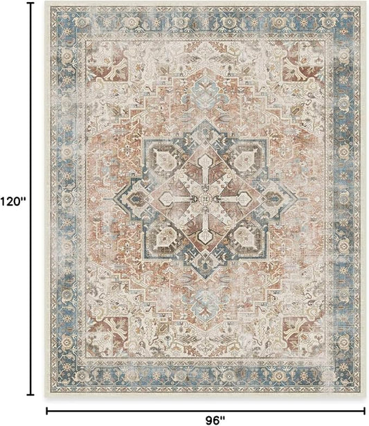 RUGGABLE Washable Vintage Area Rug – Kamran Coral 8x10, Stain-Resistant, Non-Slip – Large Machine Washable Rugs for Living Room, Bedroom, Hallway, Entryway & Office–with Cushioned Pad