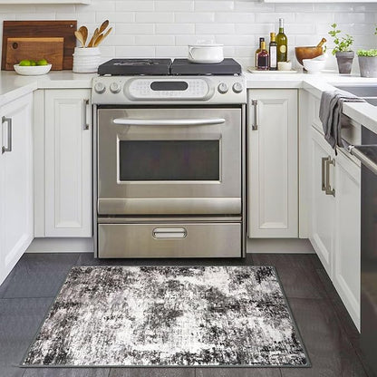 Modern Abstract Entryway Rug Indoor 2x3 Washable Non-Slip Soft Black Grey Small Area Rug Kitchen Mat Thin Print Faux Wool Floor Carpet for Entrance Bedroom Office