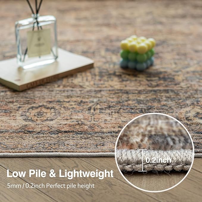FMFUNCTEX 5x7 Washable Area Rug Neutral Vintage Rust Brown Distressed Non Slip Low Pile Traditional Indoor Carpet for Living Room Bedroom Soft Retro Throw Rug for Dining Office Kitchen Dorm Entryway
