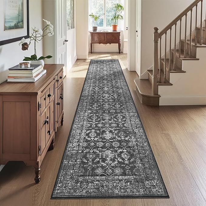 2x10 Hallway Washable Runner Rug Vintage Boho Extra Long Runners for Kitchen, Bathroom, Distressed Floral Floor Mat Non-Slip Farmhouse Carpet, Black