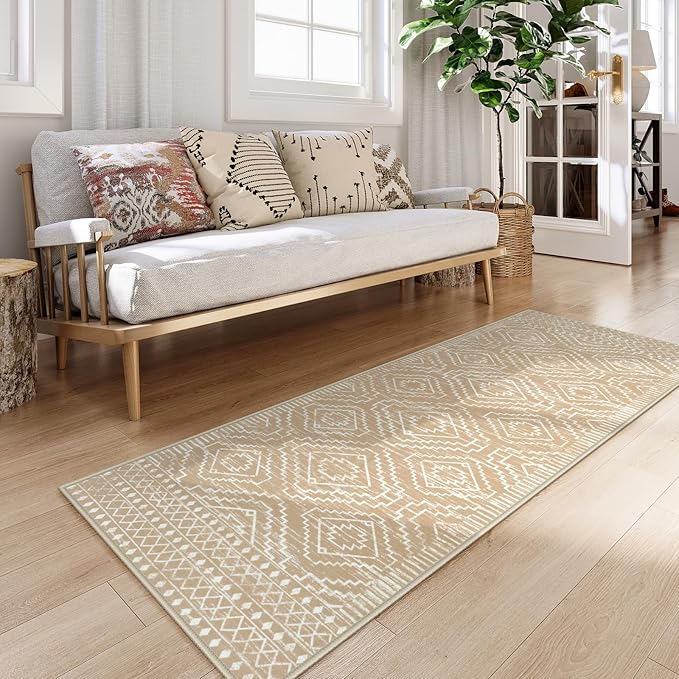 Wonnitar Washable Kitchen Runner Rug 2x6, Moroccan Runners for Hallway, Non Slip Bohemian Soft Bathroom Throw Mat Geometric Carpet Runner for Laundry Entryway Bedroom (Kakhi,2'x6')
