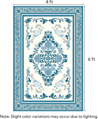 SOULFUL Medium Pile 4x6 Rugs for Living Room - Soft Foot Feel Area Rug - Blue Boho Floral - Washable Non-Slip - Perfect for Bedroom Kids Room Under Dining Table Office