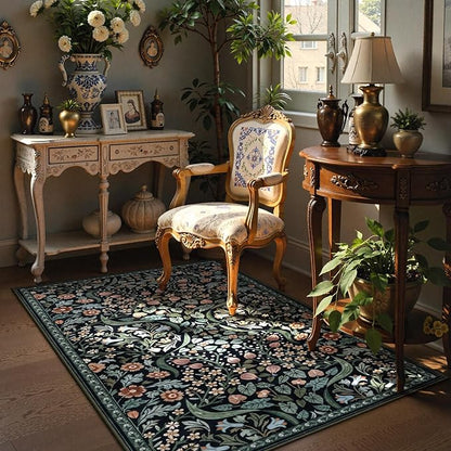 Lahome Floral 3x5 Entryway Rug, Soft Washable Bedroom Area Rugs, Botanical Non-Slip Small Black Carpet for Bedside, Entrance, Dorm, Nursery, Living Room